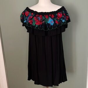 Umgee USA Black Off Shoulder Dress with Floral Embroidery size L